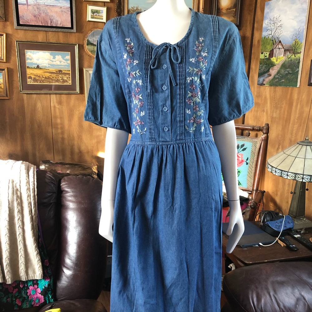 Vintage Embroidered Cottagecore Denim Dress